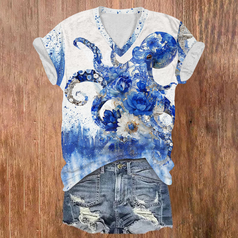 Ocean Watercolor Octopus Porcelain Floral Art Pattern Print Short Sleeved V-neck T-shirt - Blue - US32-34(5XL) - image 2
