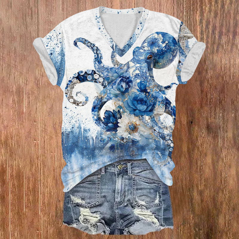 Ocean Watercolor Octopus Porcelain Floral Art Pattern Print Short Sleeved V-neck T-shirt - Light Blue - US32-34(5XL) - image 1