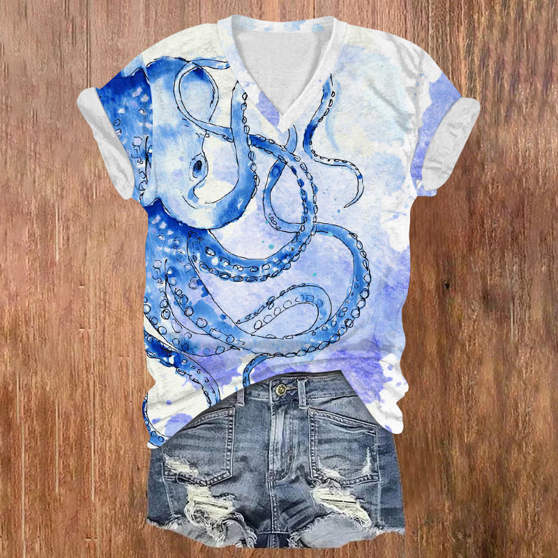 Ocean Minimalist Watercolor Octopus Pattern Print Short Sleeved V-neck T-shirt - Blue - US32-34(5XL) - image 2
