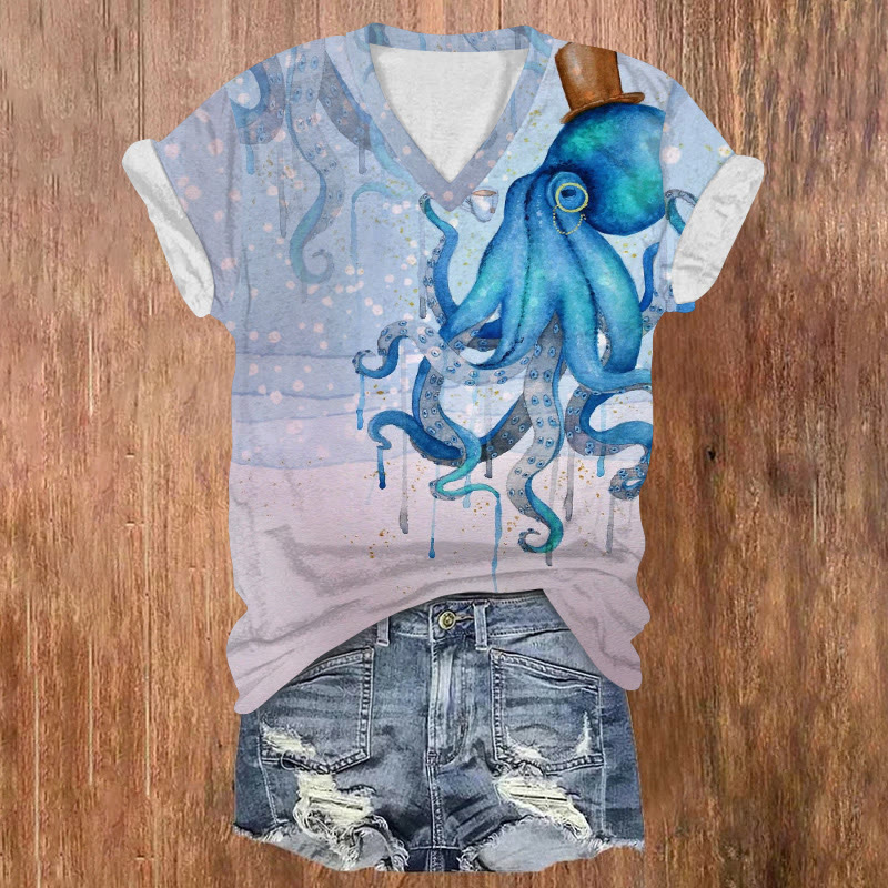 Ocean Gradient Gentleman Octopus Pattern Print Short Sleeved V-neck T-shirt - Light Blue - US32-34(5XL) - image 1
