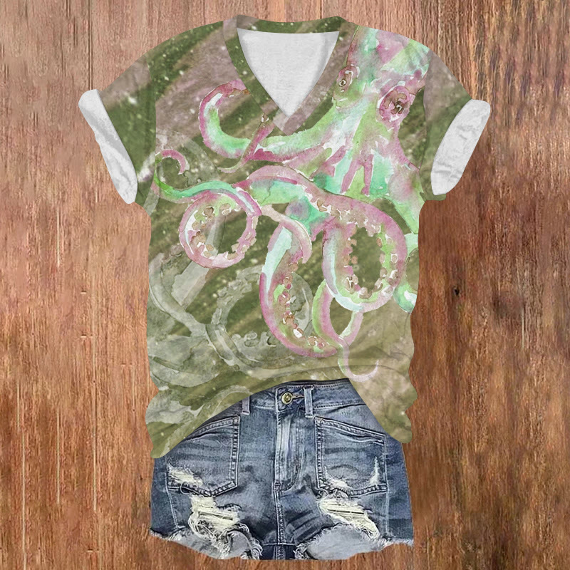 Ocean Watercolor Aurora Octopus Pattern Print Short Sleeved V-neck T-shirt - Green - US32-34(5XL) - image 2