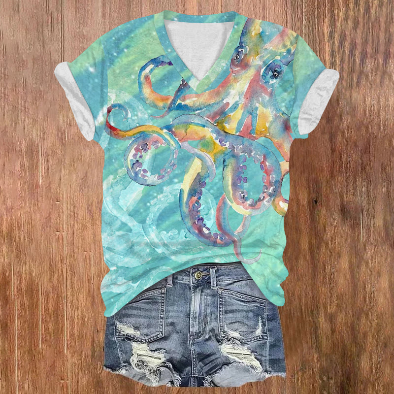 Ocean Watercolor Aurora Octopus Pattern Print Short Sleeved V-neck T-shirt - Light Blue - US32-34(5XL) - image 1