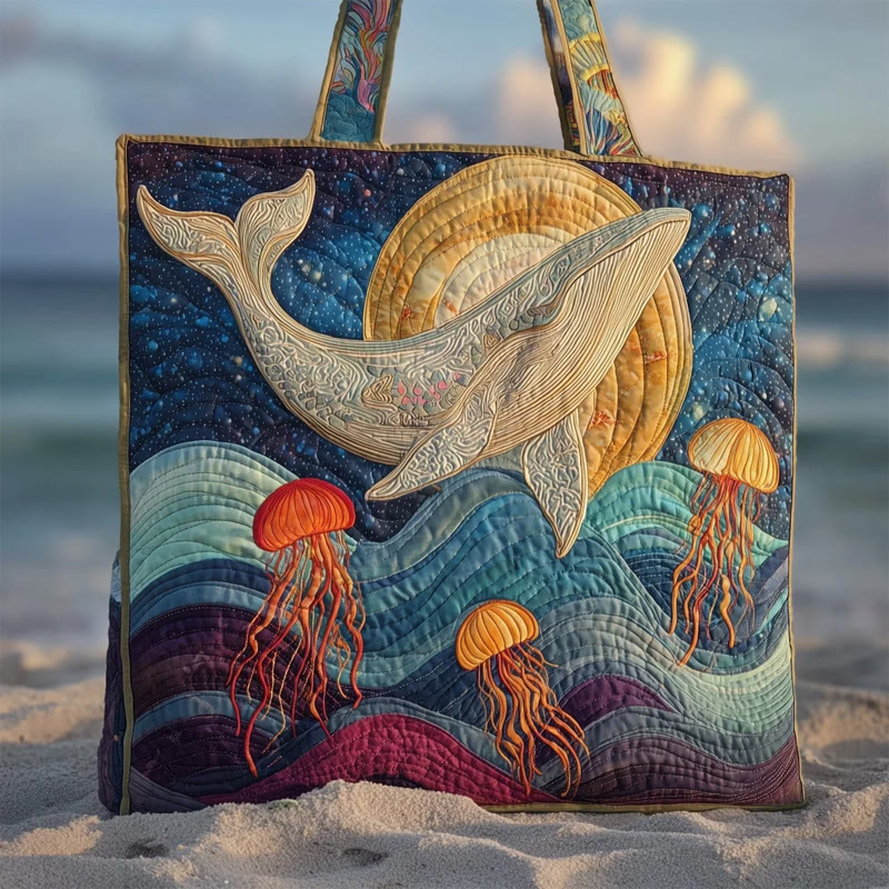 Ocean Starry Sky Whale Jellyfish Pattern Print Quilted Tote Bag - Multicolor - one size - image 1