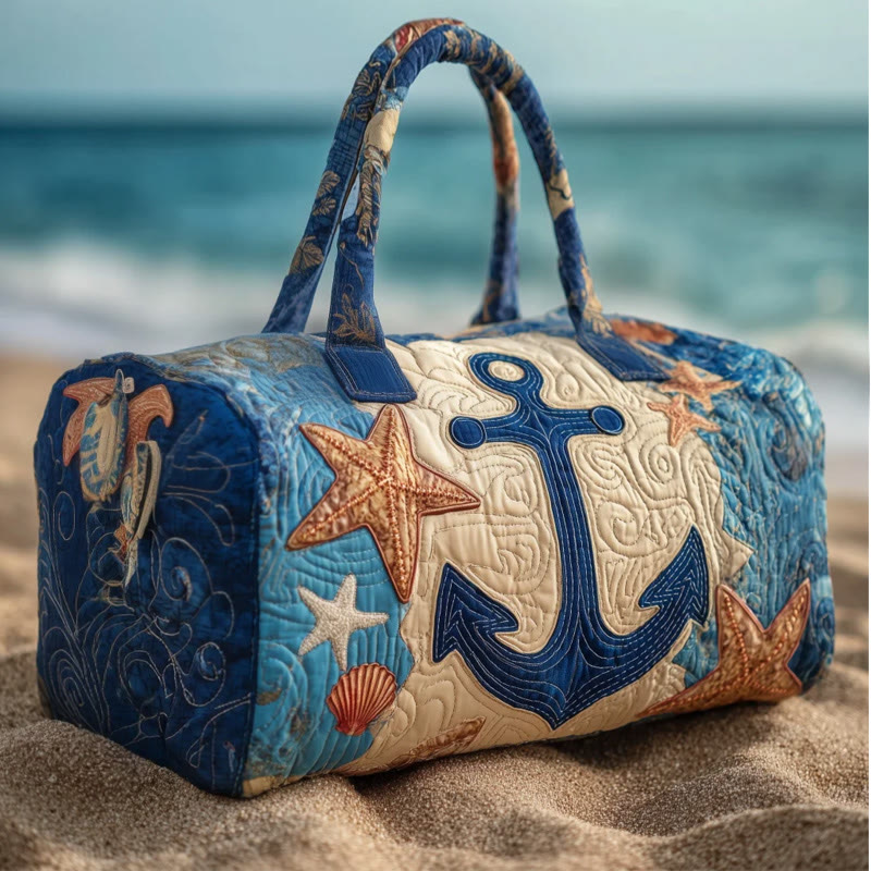 Beach Starfish Anchor Pattern Print Quilted Duffle Bag - Blue - one size - image 1
