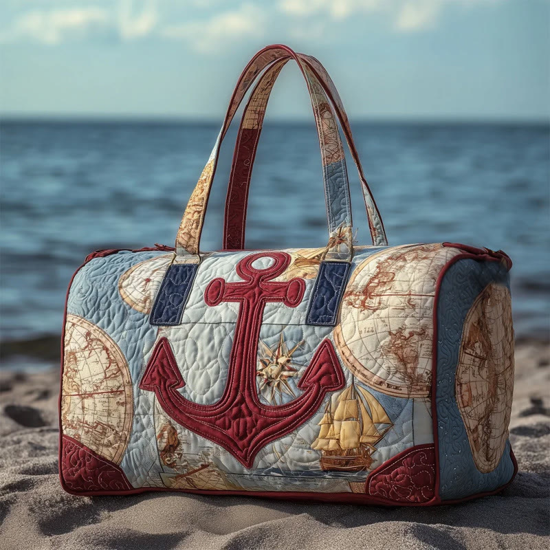 Global Voyage Anchor Map Pattern Print Quilted Duffle Bag - Blue - one size - image 1