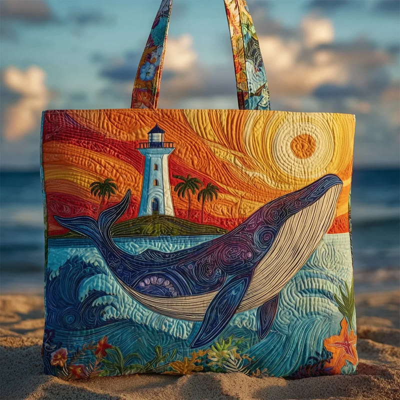 Lighthouse Sunset Whale Pattern Quilted Tote Bag - Multicolor - one size - image 1
