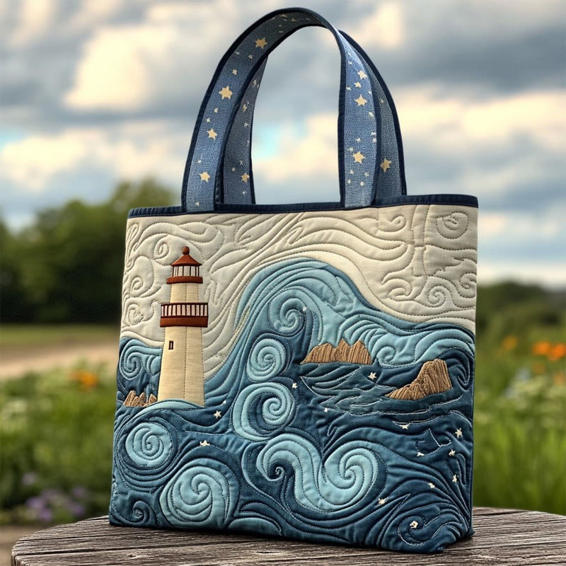 Waves And Lighthouse Pattern Quilted Tote Bag - Multicolor - one size - image 1