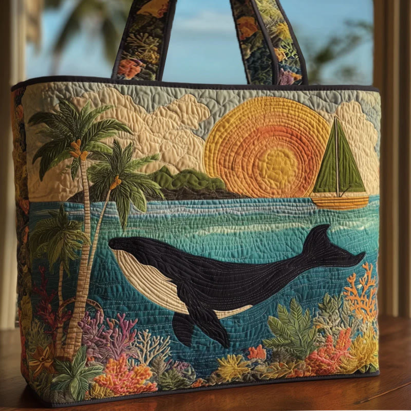 Palm Sunset Whale Pattern Quilted Tote Bag - Multicolor - one size - image 1