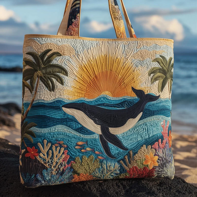 Ocean Sunrise Palms And Whales Pattern Quilted Tote Bag - Multicolor - one size - image 1