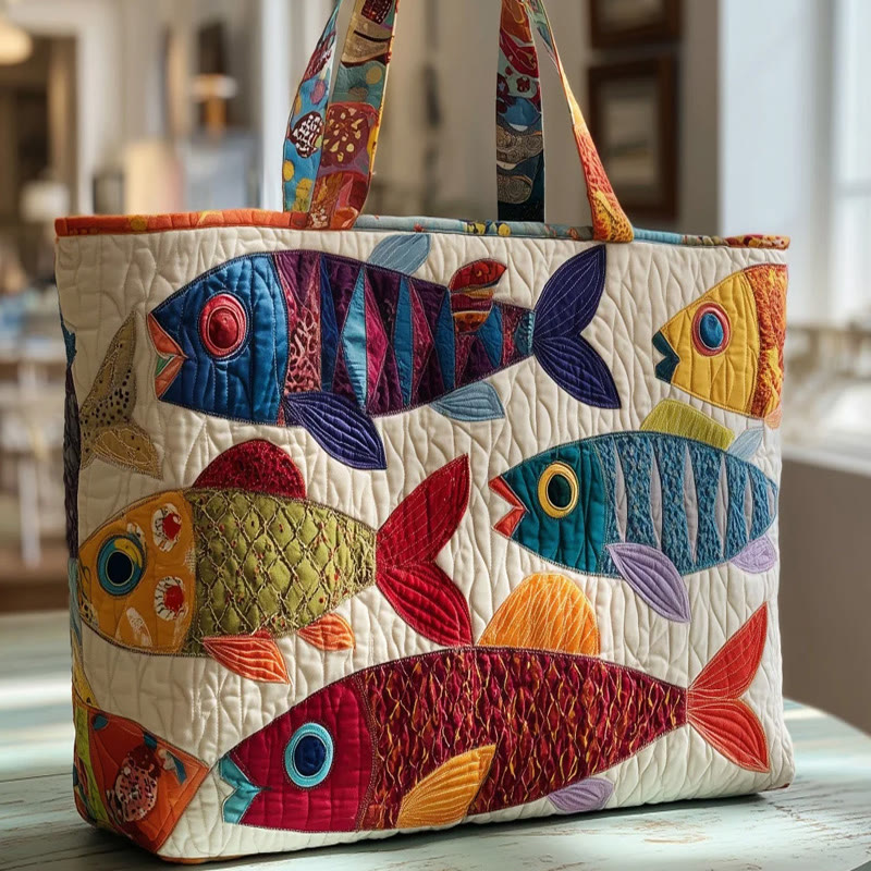 Hippie Colorful Fish Pattern Print Quilted Tote Bag - Multicolor - one size - image 1