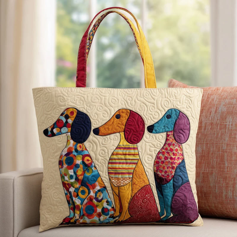 Hippie Colorful Art Puppy Lineup Pattern Print Quilted Tote Bag - Multicolor - one size - image 1