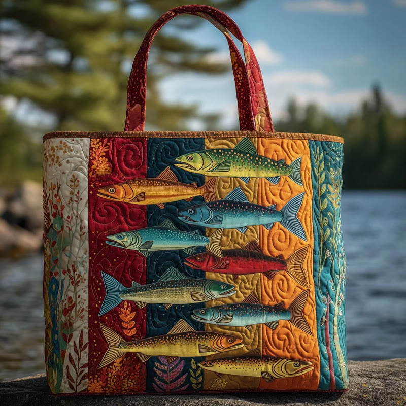 Hippie Fishing Color Art Pattern Print Quilted Tote Bag - Multicolor - one size - image 1