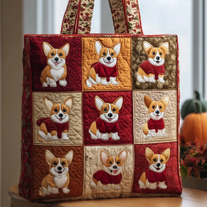 Corgi Puppy Nine-square Grid Pattern Print Quilted Tote Bag - Multicolor - one size - image 1