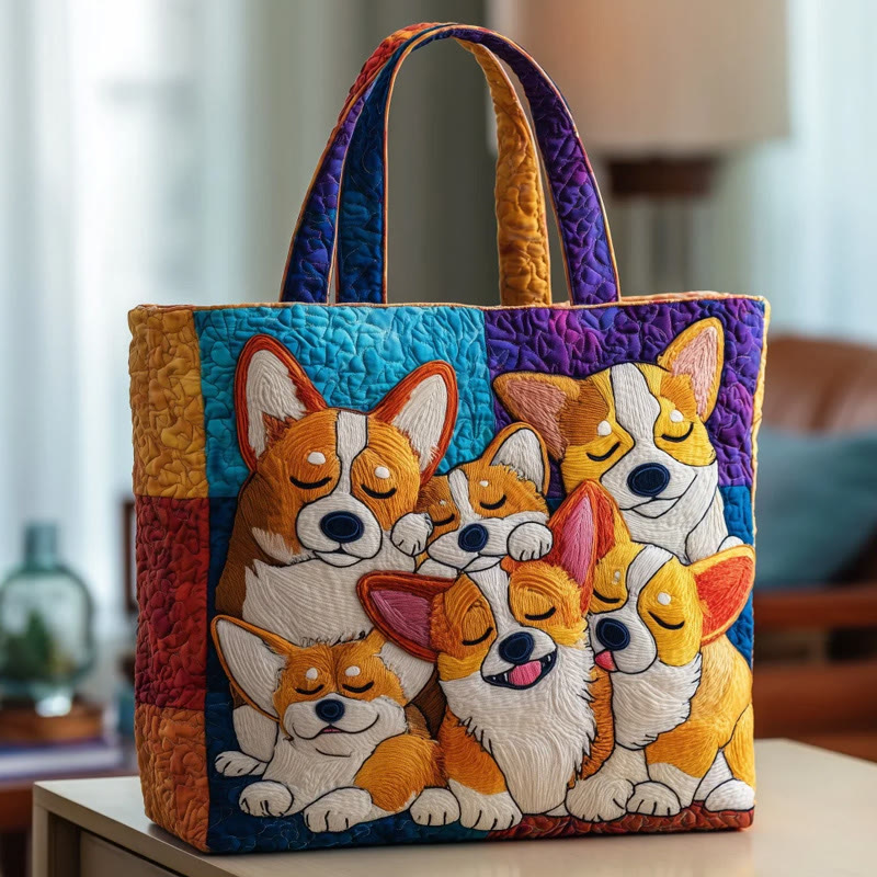 Corgi Puppies Patchwork Pattern Print Quilted Tote Bag - Multicolor - one size - image 1