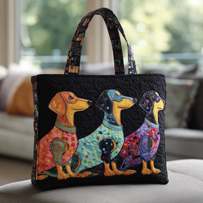 Three Dachshunds Pattern Print Quilted Tote Bag - Multicolor - one size - image 1