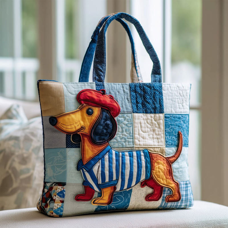 Artist Dachshund Patchwork Pattern Print Quilted Tote Bag - Multicolor - one size - image 1