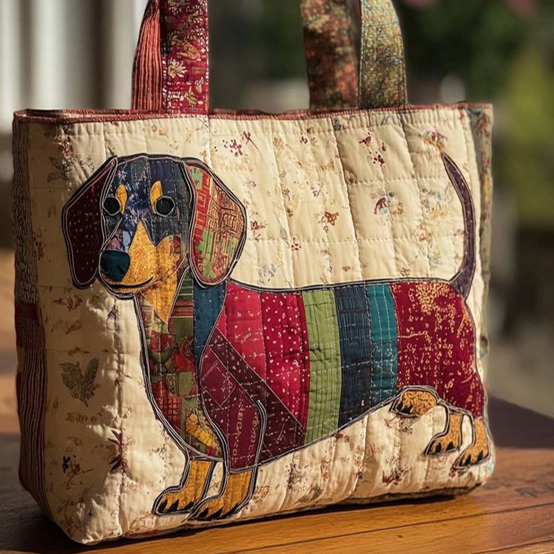 Floral Dachshund Striped Patchwork Pattern Print Quilted Tote Bag - Multicolor - one size - image 1