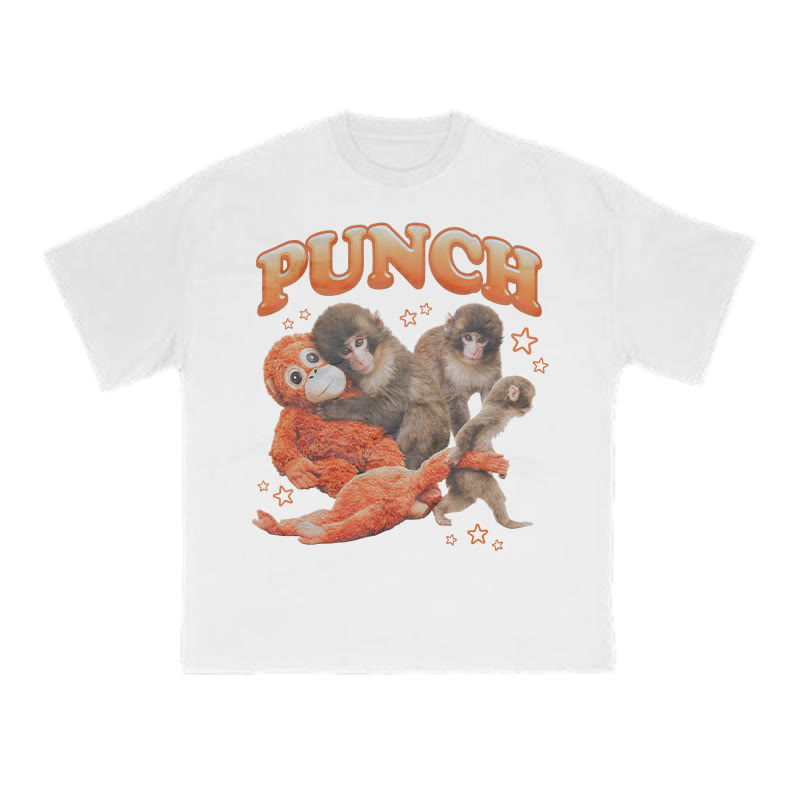 Cute Monkey Punch Print T-shirt - White - US16-18(2XL) - image 1