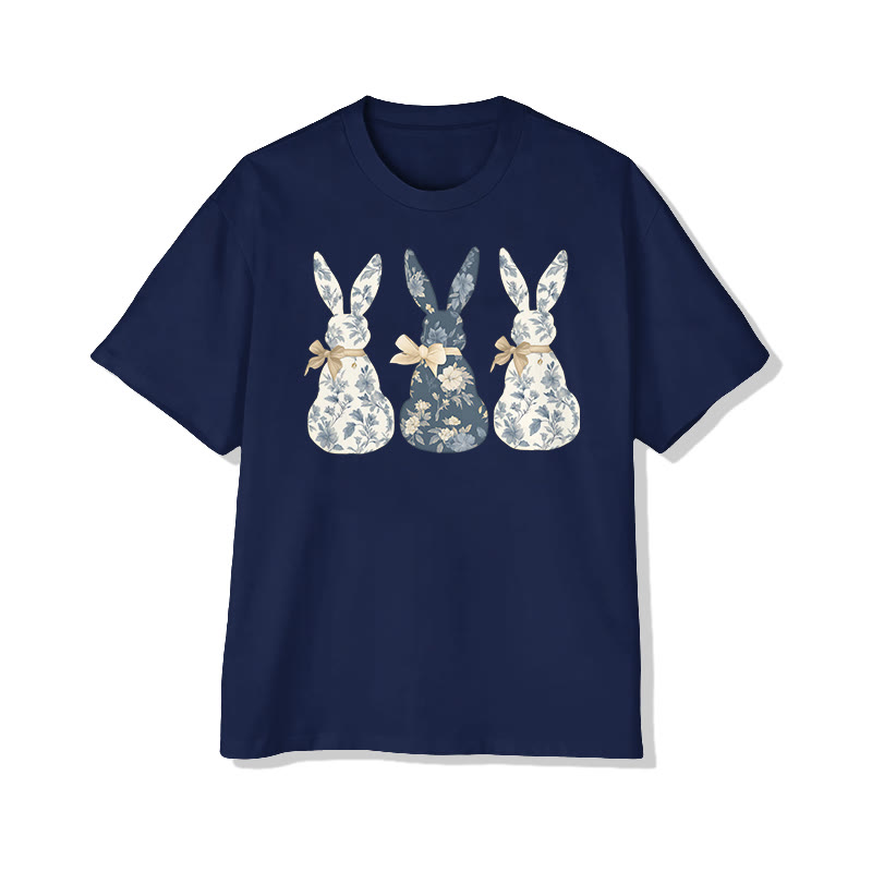 Cute Easter Flower Bunny Print Pattern Cotton Print T-shirt - Navy Blue - US16-18(2XL) - image 6