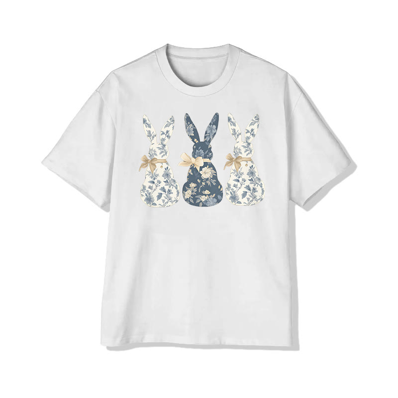 Cute Easter Flower Bunny Print Pattern Cotton Print T-shirt - White - US16-18(2XL) - image 2