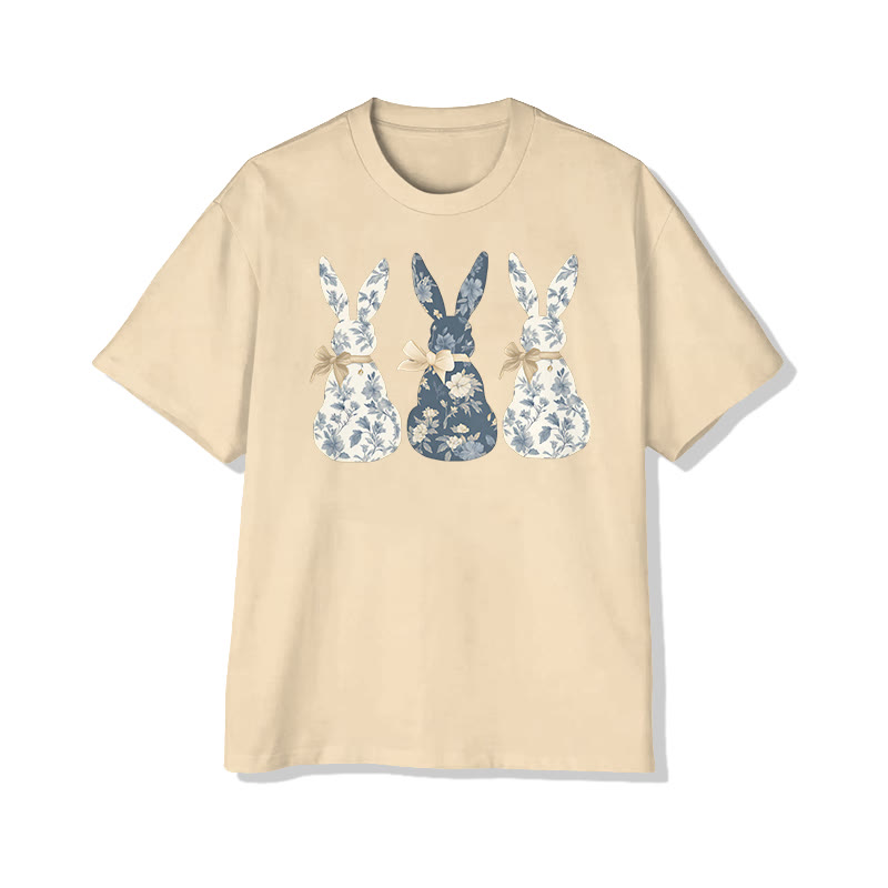 Cute Easter Flower Bunny Print Pattern Cotton Print T-shirt - Apricot - US16-18(2XL) - image 3
