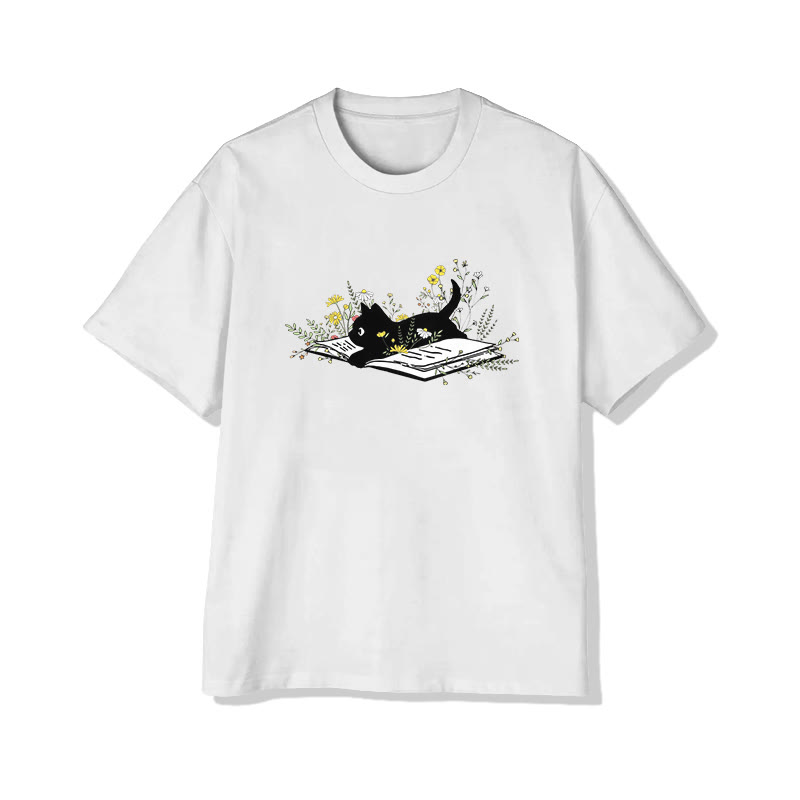 Black Cat Book And Wildflowers Print Pattern Cotton Print T-shirt - White - US16-18(2XL) - image 2