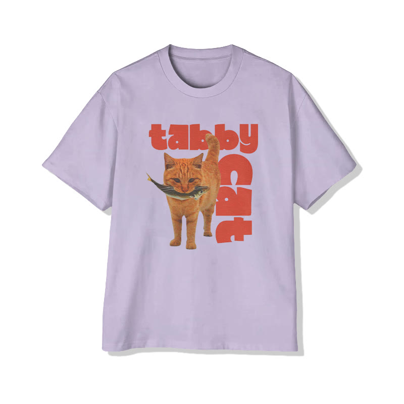 Funny Y2k Tabby Cat With Fish Print Pattern Cotton Print T-shirt - Light Purple - US16-18(2XL) - image 2