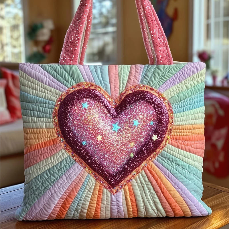 Dreamy Colorful Heart Stripes Pattern Print Quilted Tote Bag - Multicolor - one size - image 1