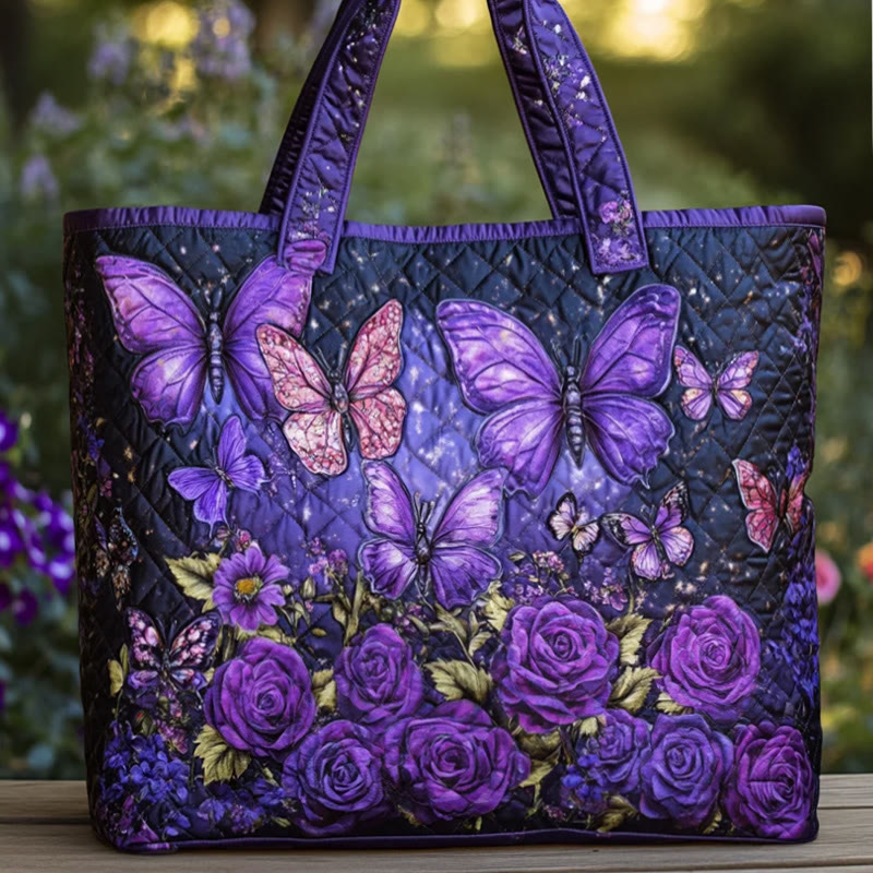 Hippie Rose Butterflies Pattern Print Quilted Tote Bag - Purple - one size - image 1