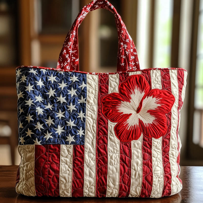 Independence Day American Flag Flower Pattern Print Quilted Tote Bag - Multicolor - one size - image 1