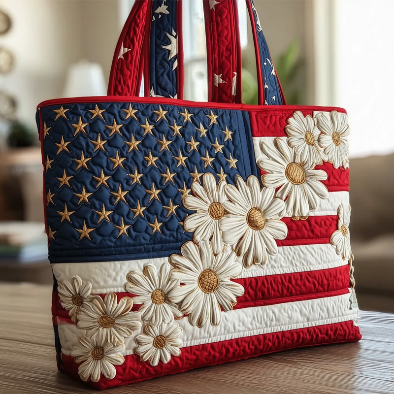 Independence Day American Flag And Daisies Pattern Print Quilted Tote Bag - Multicolor - one size - image 1