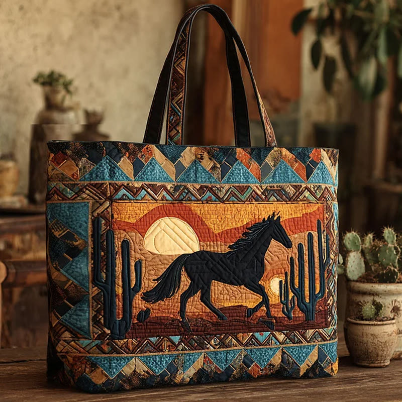 Western Geometry Sunset And Horse Pattern Print Quilted Tote Bag - Multicolor - one size - image 1