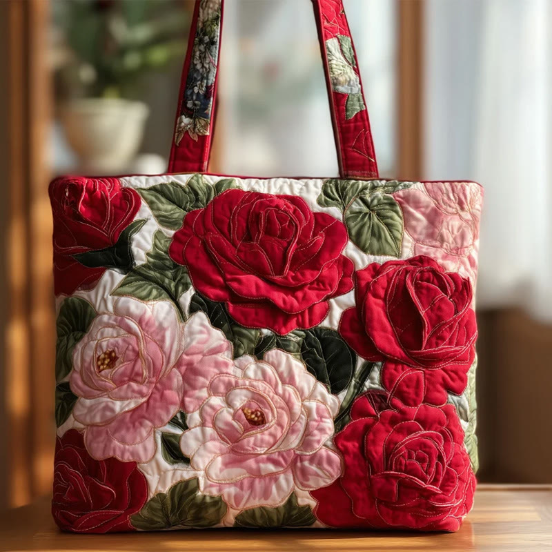 Elegant Pastoral Flowers Pattern Print Quilted Tote Bag - Red - one size - image 1