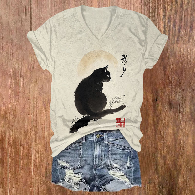 Japanese Ink Black Cat Art Print Short Sleeved V-neck T-shirt - Beige - US32-34(5XL) - image 1