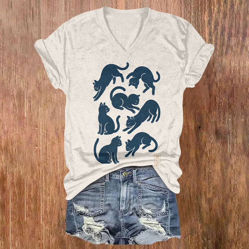 Cute Cat Silhouette Graphic Short Sleeved V-neck T-shirt - Beige - US32-34(5XL) - image 1