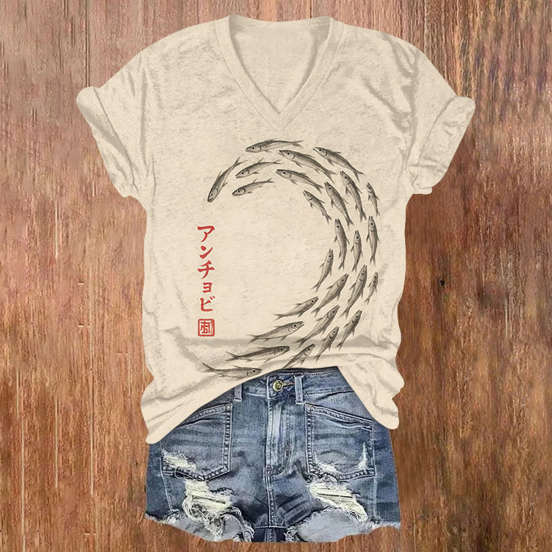 Japanese Art Fish School Art Print Short Sleeved V-neck T-shirt - Apricot - US32-34(5XL) - image 1