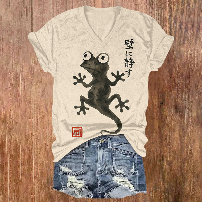 Japanese Ink Gecko Art Print Short Sleeved V-neck T-shirt - Apricot - US32-34(5XL) - image 1