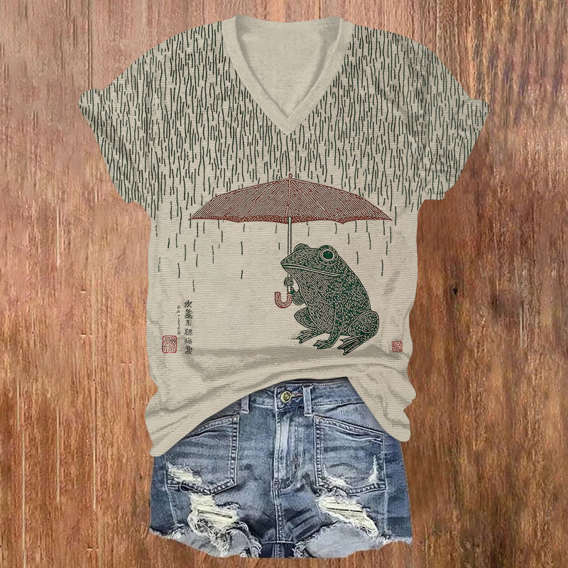 Japanese Style Frog Umbrella Graphic Short Sleeved V-neck T-shirt - Khaki - US32-34(5XL) - image 1