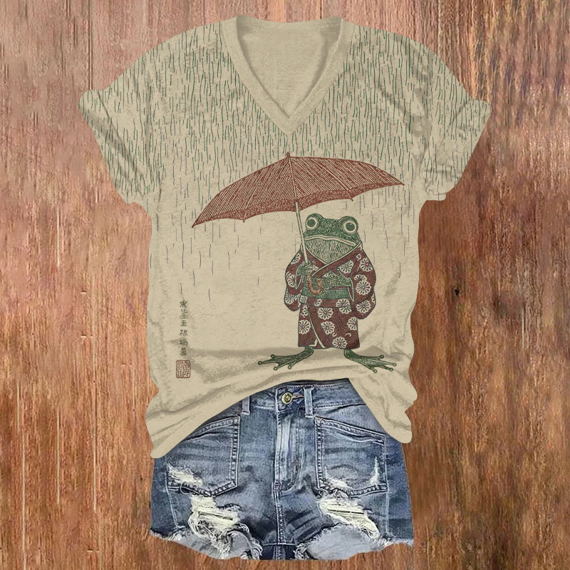Cute Frog In Rain Print Short Sleeved V-neck T-shirt - Khaki - US32-34(5XL) - image 1