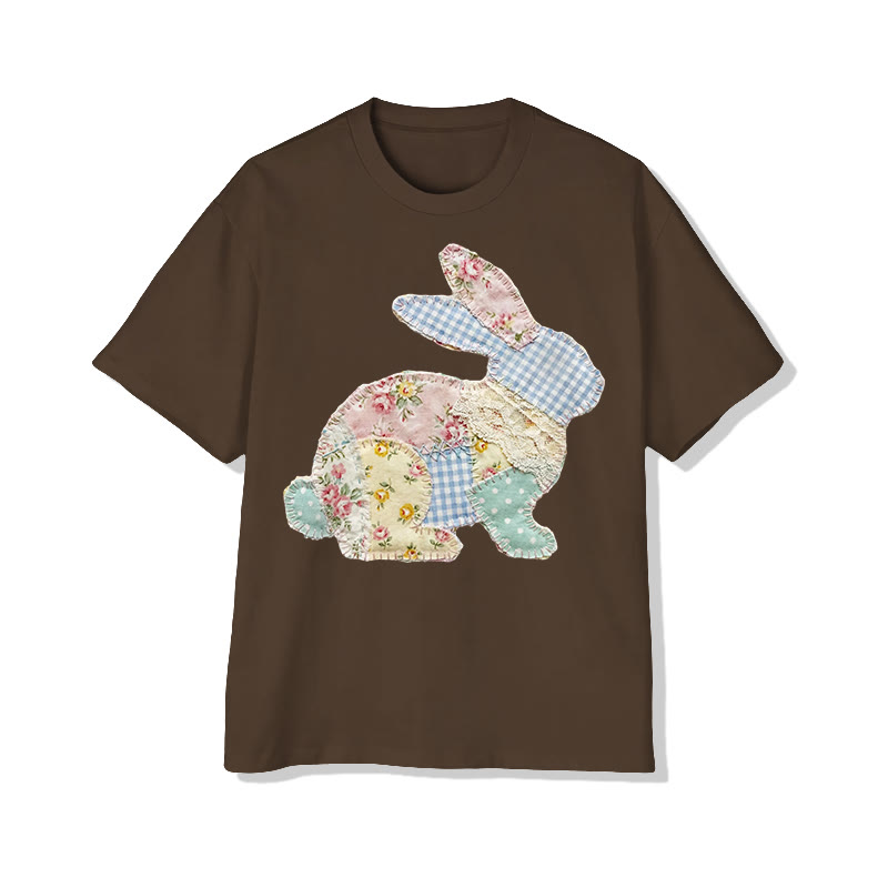 Trendy Pastoral Floral Bunny Patchwork Printed Cotton T-shirt - Coffee - 2XL - image 2