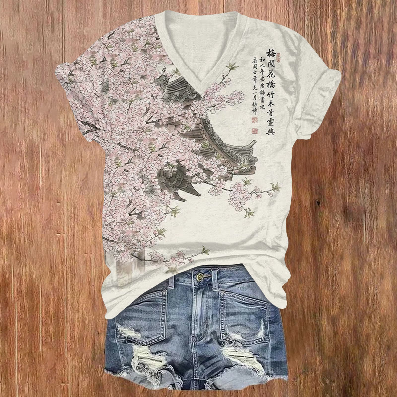 Zen-inspired Floral Architectural Art Paintings Pattern Print Short Sleeved V-neck T-shirt - Apricot - US32-34(5XL) - image 1