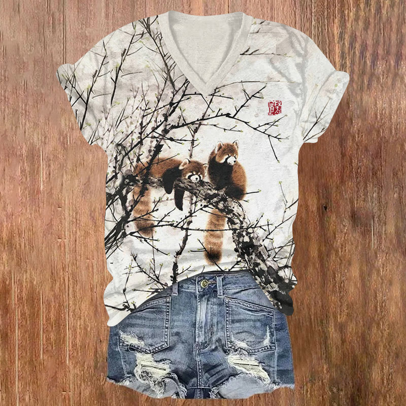 Zen-inspired Cute Red Panda Painting Pattern Print Short Sleeved V-neck T-shirt - Apricot - US32-34(5XL) - image 1