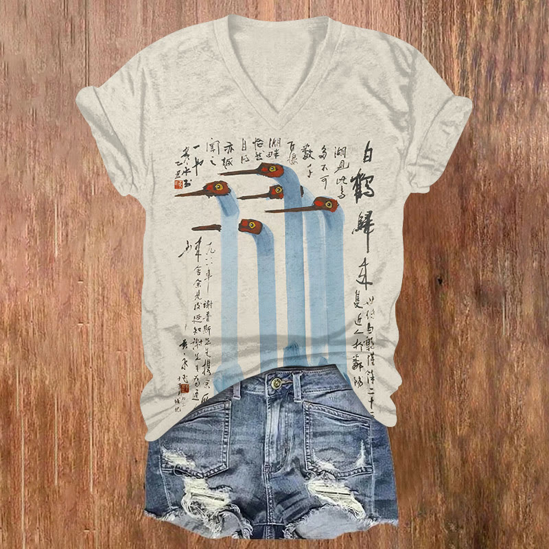Zen-inspired White Crane Calligraphy Art Pattern Print Short Sleeved V-neck T-shirt - Apricot - US32-34(5XL) - image 1