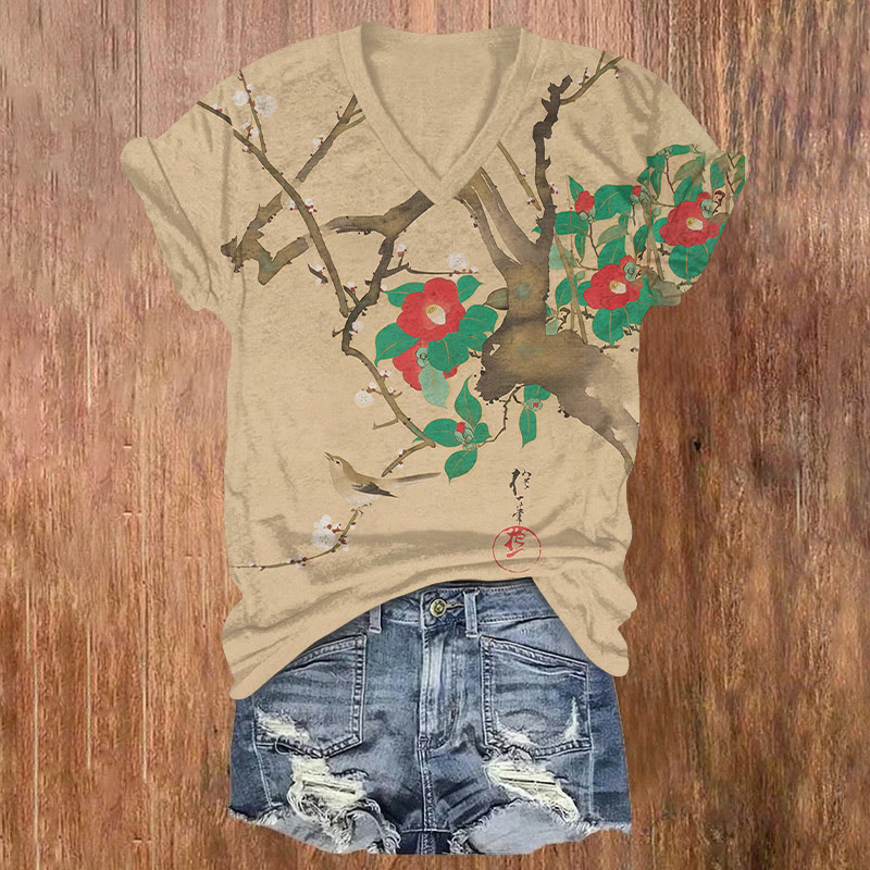 Zen-inspired Classical Floral Paintings Print Short Sleeved V-neck T-shirt - Apricot - US32-34(5XL) - image 1