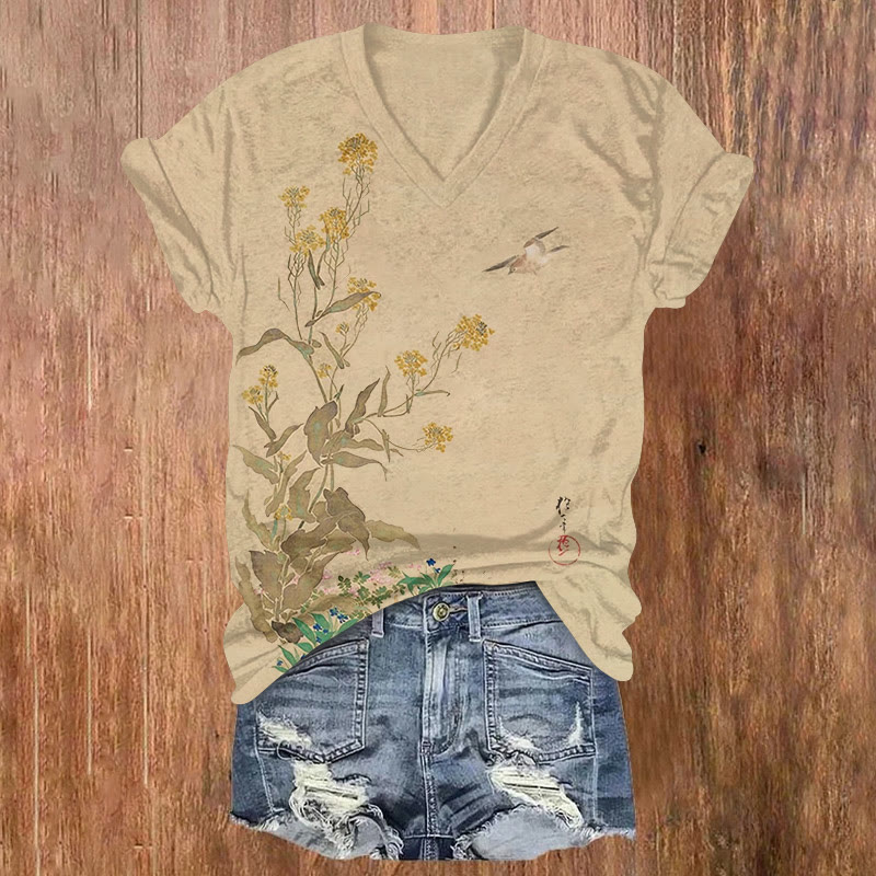 Zen-inspired Classical Flowers And Birds Print Short Sleeved V-neck T-shirt - Apricot - US32-34(5XL) - image 1