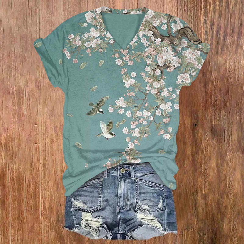 Japanese Flower And Bird Painting Print Short Sleeved V-neck T-shirt - Light Blue - US32-34(5XL) - image 1