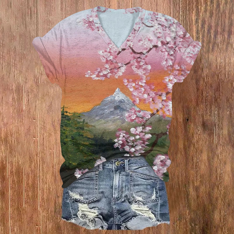 Japanese Mount Fuji And Cherry Blossoms Print Short Sleeved V-neck T-shirt - Pink - US32-34(5XL) - image 1
