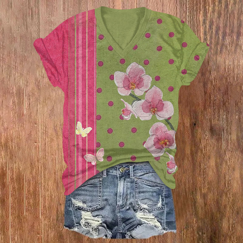 Japanese Retro Phalaenopsis Orchid Polka Dot Print Short Sleeved V-neck T-shirt - Pink - US32-34(5XL) - image 1