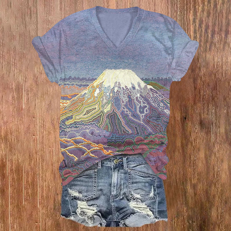 Japanese Abstract Art Lines Of Mount Fuji Print Short Sleeved V-neck T-shirt - Light Purple - US32-34(5XL) - image 1