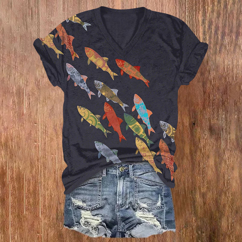 Japanese Traditional Fishes Print Short Sleeved V-neck T-shirt - Black - US32-34(5XL) - image 1